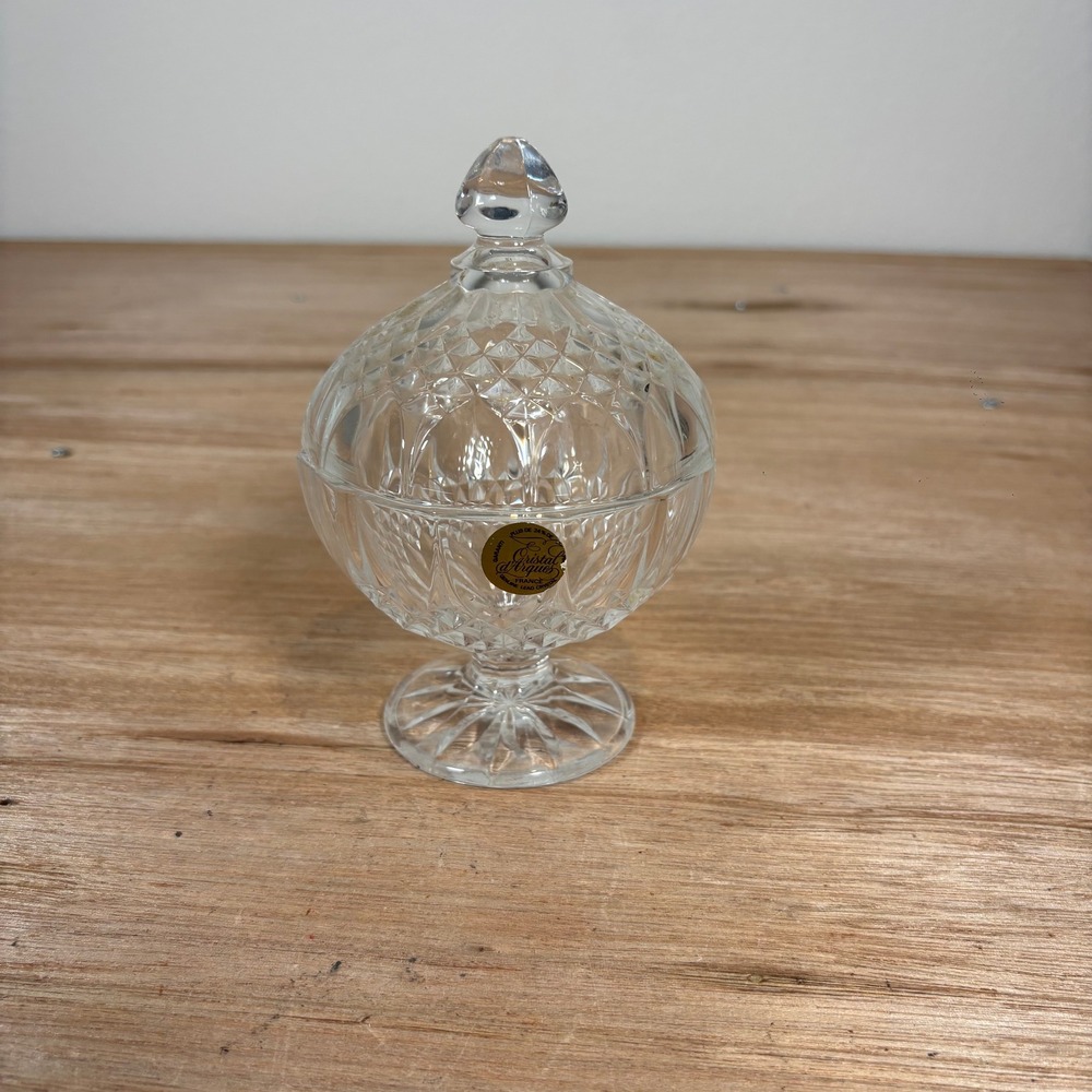 Cristal d Arques France Lead Crystal Candy Dish w/ Lid Footed Diamond Cut 5.75in
